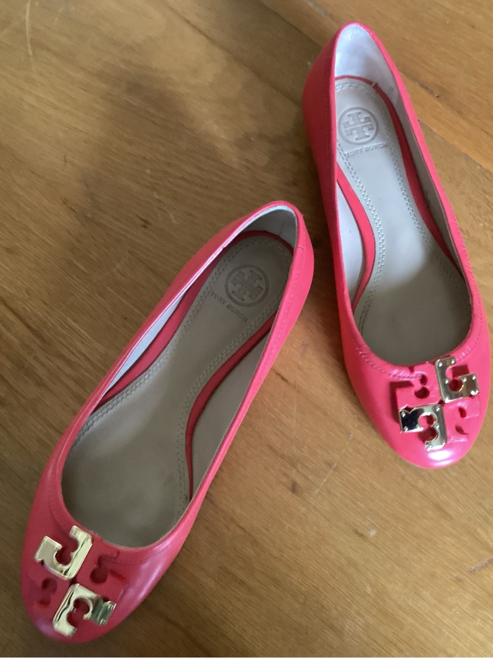 Tory Burch Coral Pink Leather Logo Cap-Toe Ballet Flats